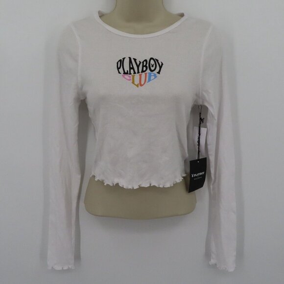 Pacsun Playboy Club Womens Small Ruffle Hem Long Sleeve Crop Tee T Shirt Top NEW - Picture 12 of 13
